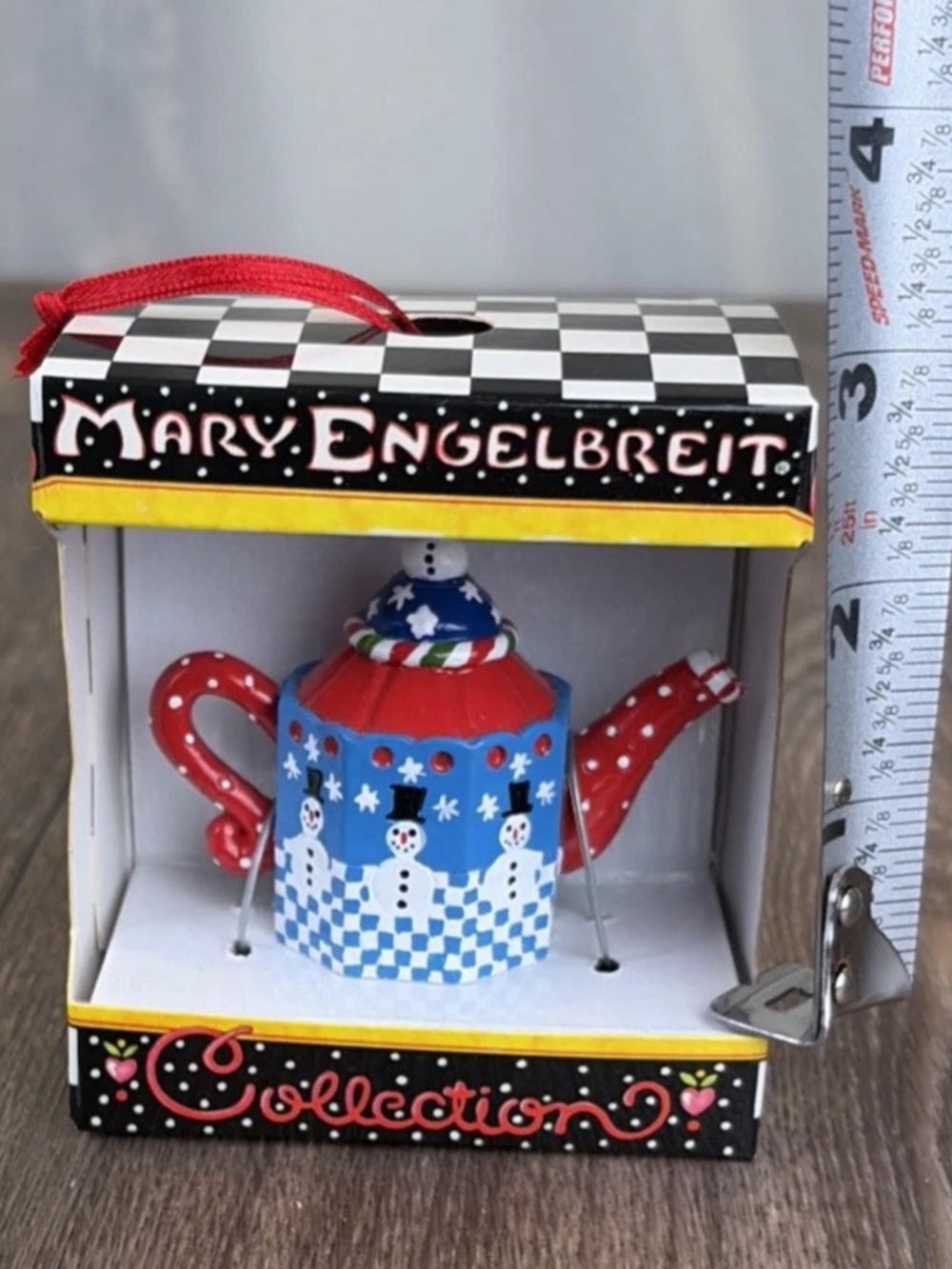 Mary Engelbreit Mini Decorative Snowman Polka Dot Checkered Teapot NIB Ornament - Picture 5 of 5